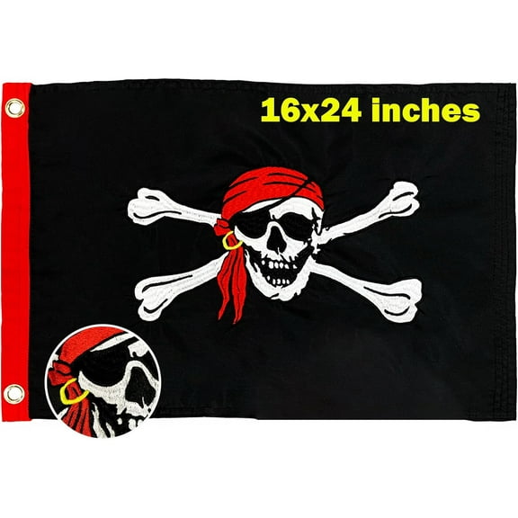 FLAGWIN Pirate Flag Jolly Roger Red Scarf Pirate Flags 16x24 inch for Boat with Embroider Nylon for Outdoor, Fade Proof