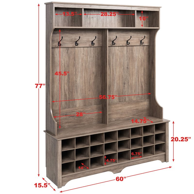 Prepac 60 Wide Hall Tree With 24 Shoe Cubbies Drifted Gray Prepac 60 Wide Hall Tree With 24 Shoe