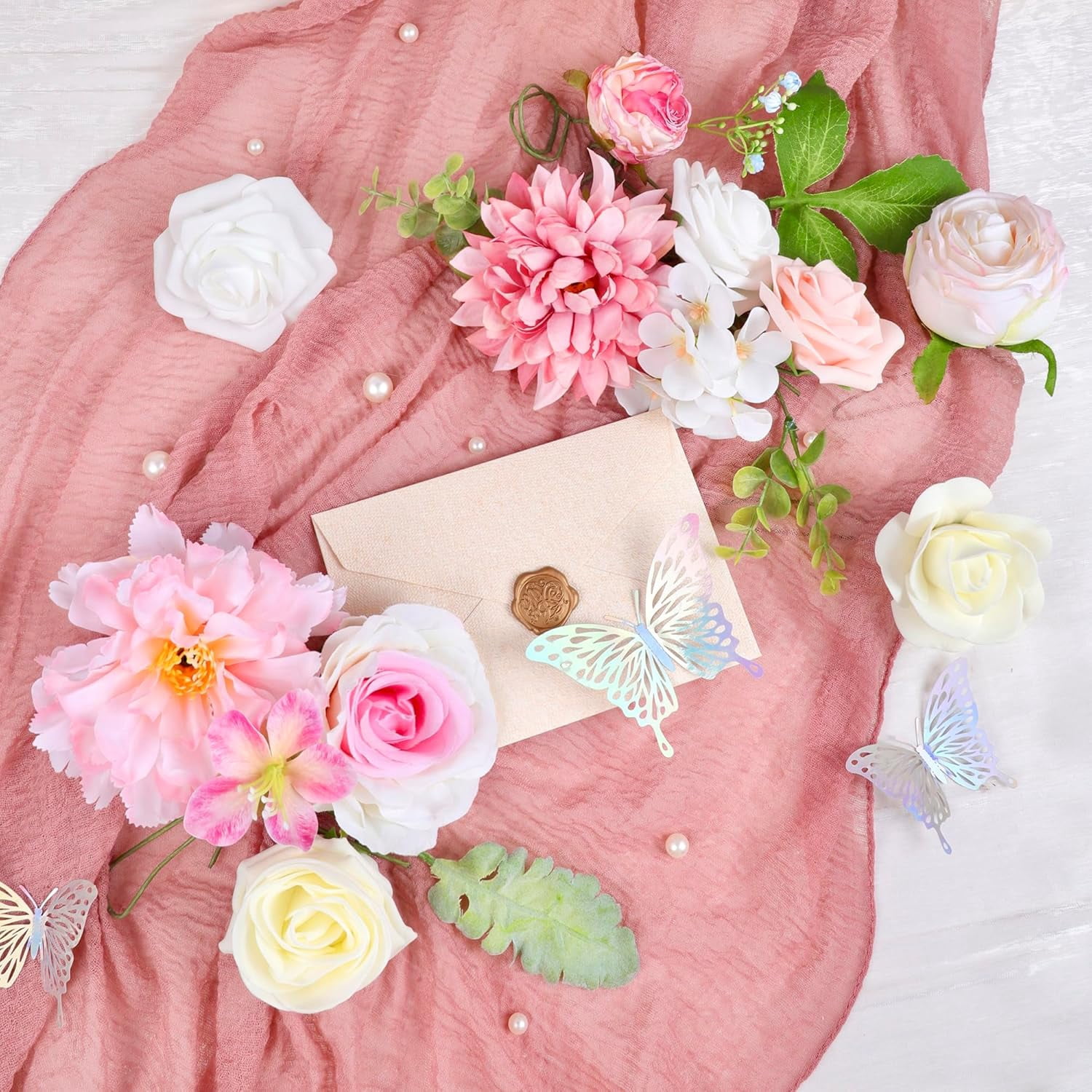 Blue Pink Artificial Flowers Combo, Roses Fake Flowers with Stems Wedding Pastel Flowers for Decorations DIY Bouquets Centerpieces Floral Arrangements Decor