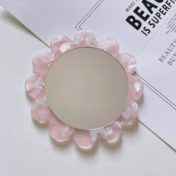 Espejo de maquillaje pequeño redondo compacto con forma de flor, 80 mm, de acetato de celulosa rosa (1 unidad).