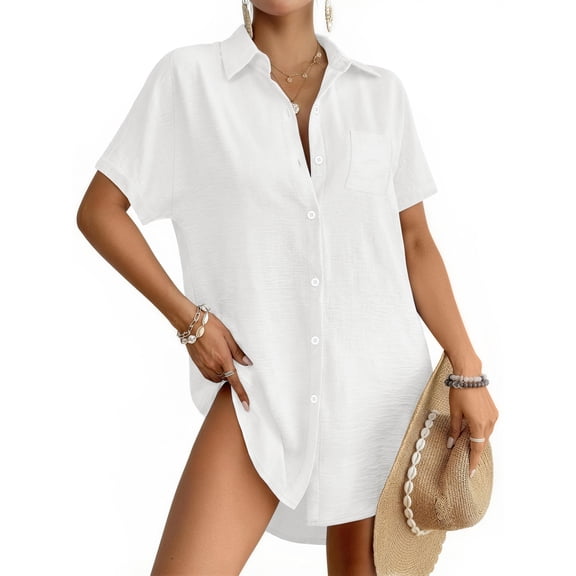 Rosvigor Women Swimsuit Cover up Shirt Dress Women Button Down Bathing Suit Beachwear Sun Protection Blouse