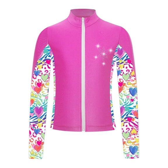 Yartina Kids Girls Athletic Sport Jacket Zipper Figure Ice Skating Training Top Long Sleeve Sparkly Hot Pink 8