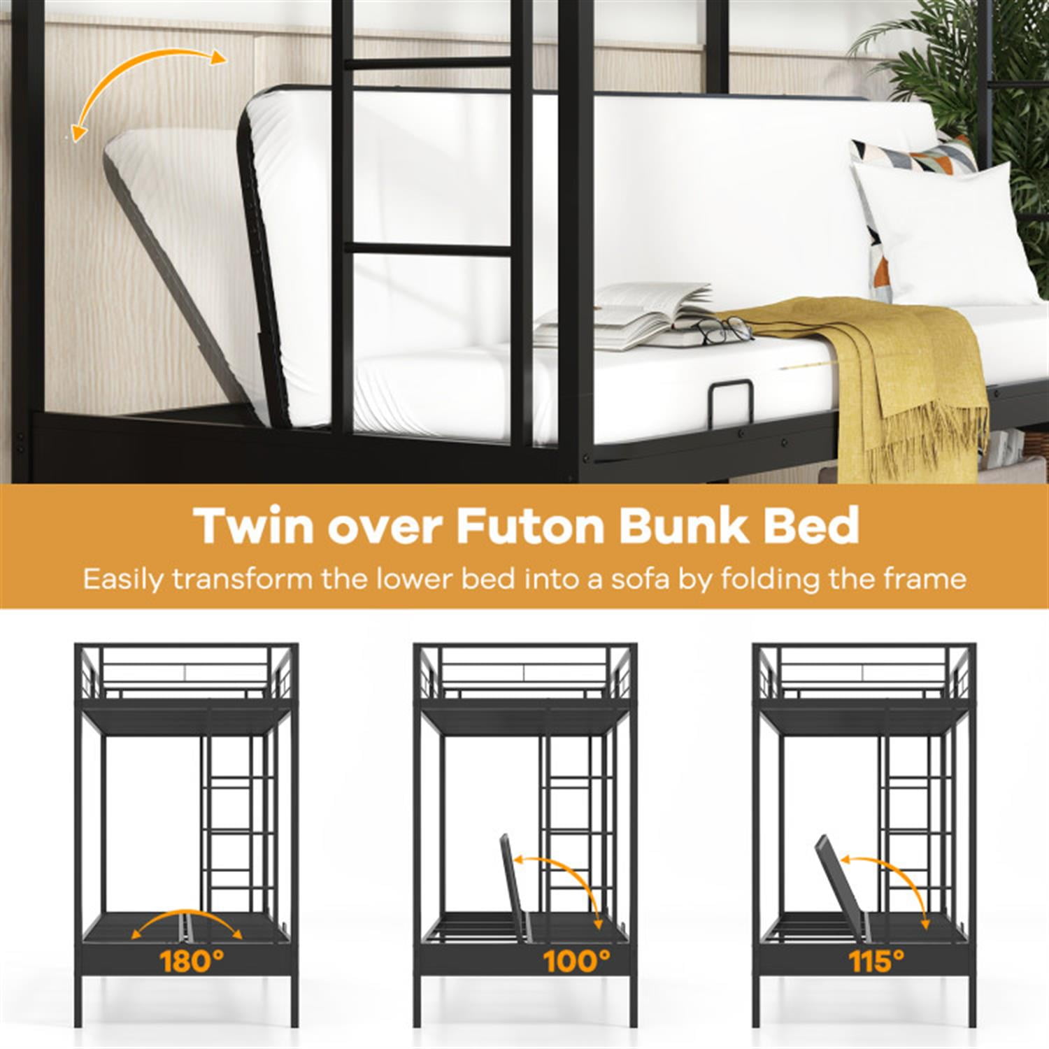 Demi Bonn Twin Over Futon Bunk Bed with 2 Ladders and Safety Guardrails, Metal Bunkbeds for Bedroom, No Box Spring Needed, Black