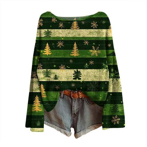 WTOBBY Women's Christmas Print Lightweight Sweater Casual Long Sleeve Knitted Pullover, Holiday Pattern Soft Fabric for Fall and Winter, Comfortable Fashion Top for Women,Army Green L