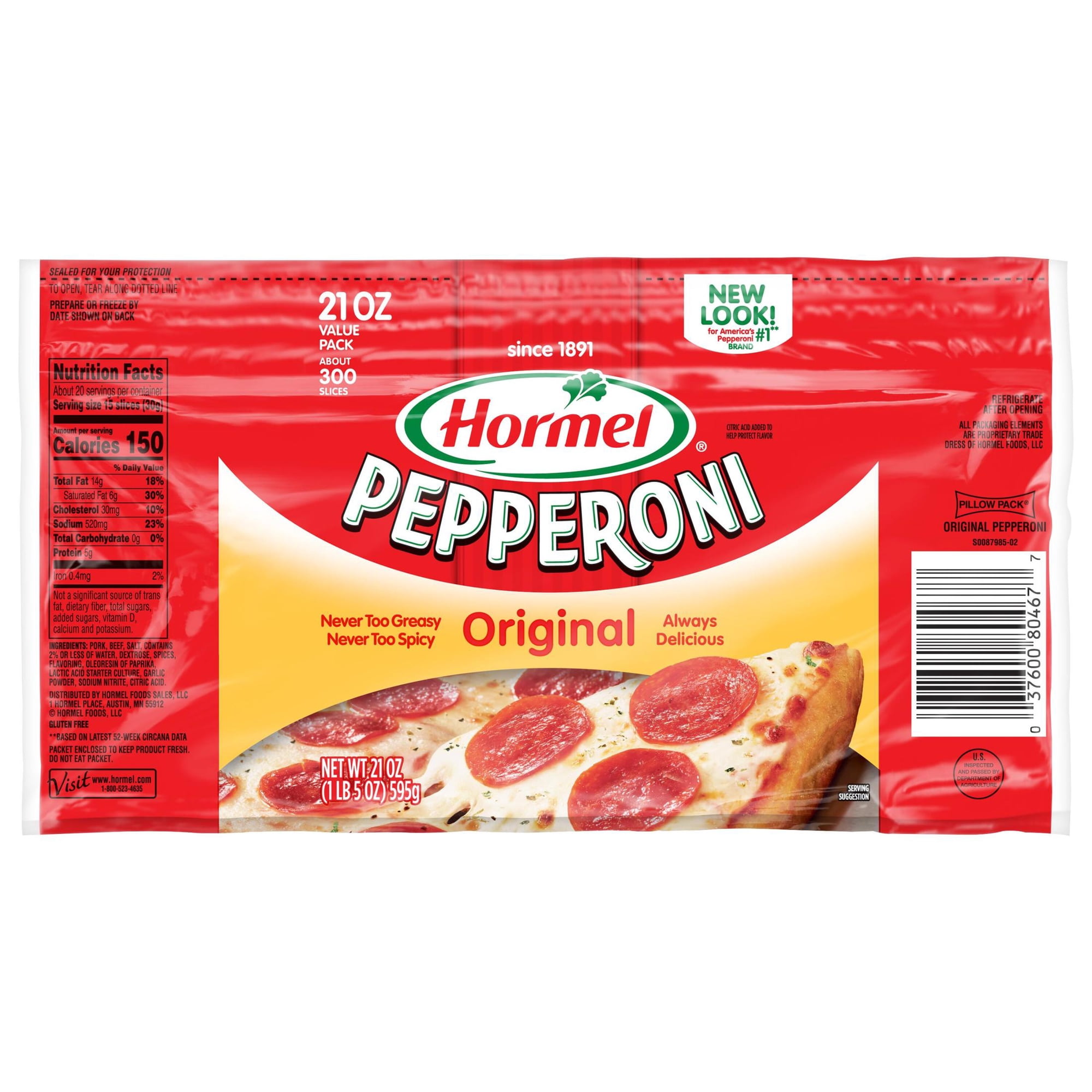 HORMEL Pepperoni Slices, Pizza Topping, Gluten Free, Refrigerated, 21 oz Resealable Plastic Package