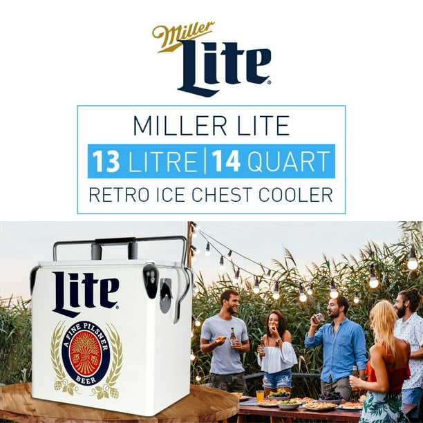Miller Lite Retro Ice Chest Cooler with Bottle Opener 13L 14 qt White and Blue