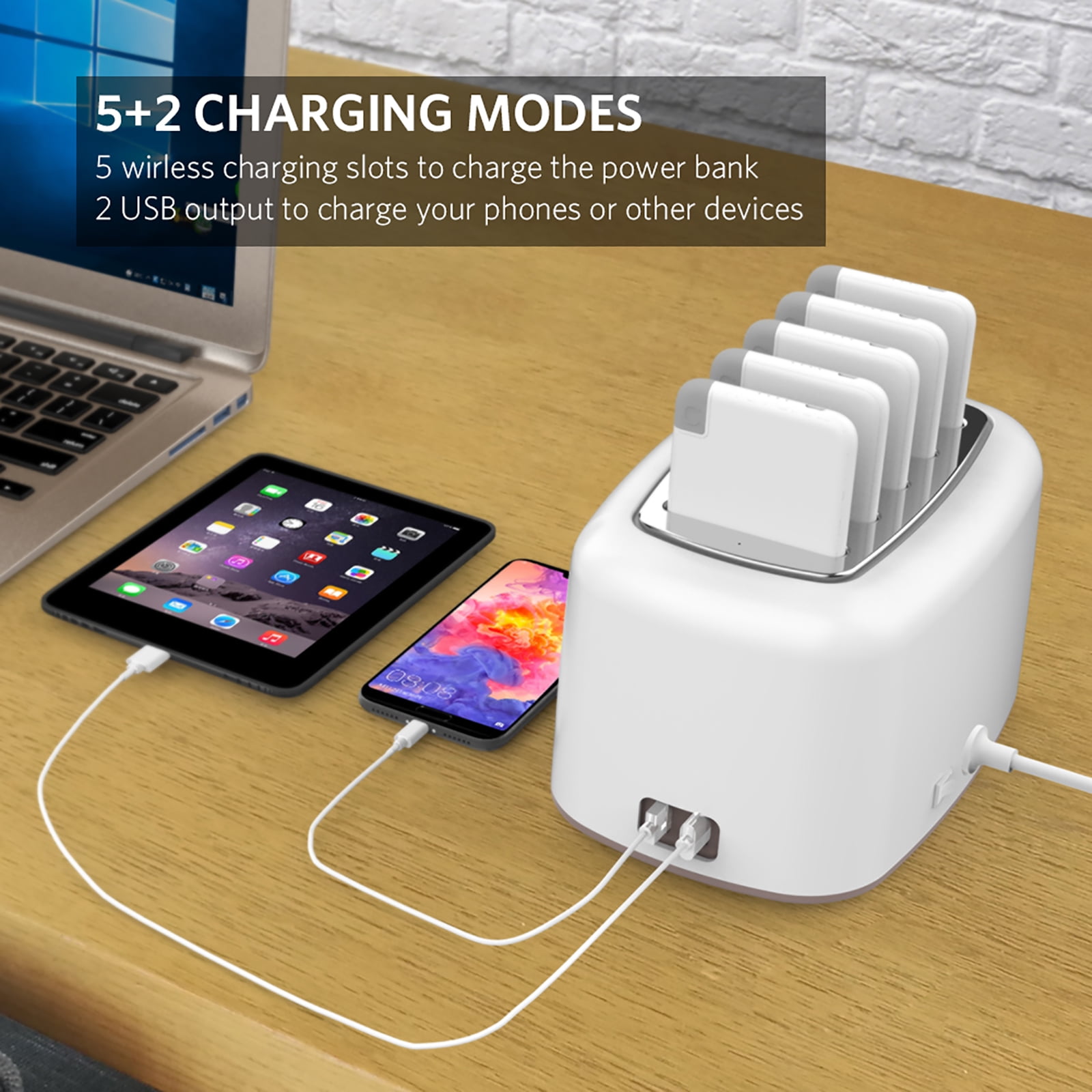 Yoobao Wireless Charging Station with 5PCS Power Bank, 10000mAh Portable Charger with Built in Cable Compatible with iphone/Samsung/Android for Home, Office, Bar, Restaurant (White)