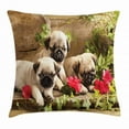 thumbnail image 1 of Pug Throw Pillow Cushion Cover, Cute Sibling Puppies with Floral Arrangement in front Wooden Backdrop, Decorative Square Accent Pillow Case, 16 X 16 Inches, Eggshell Brown Fern Green, by Ambesonne, 1 of 2