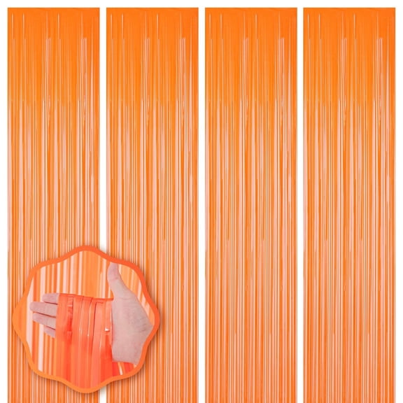Orange Metallic Tinsel Foil Fringe Curtains, 4 Pack 3.3x6.6 Feet Party Streamer for Party Decorations