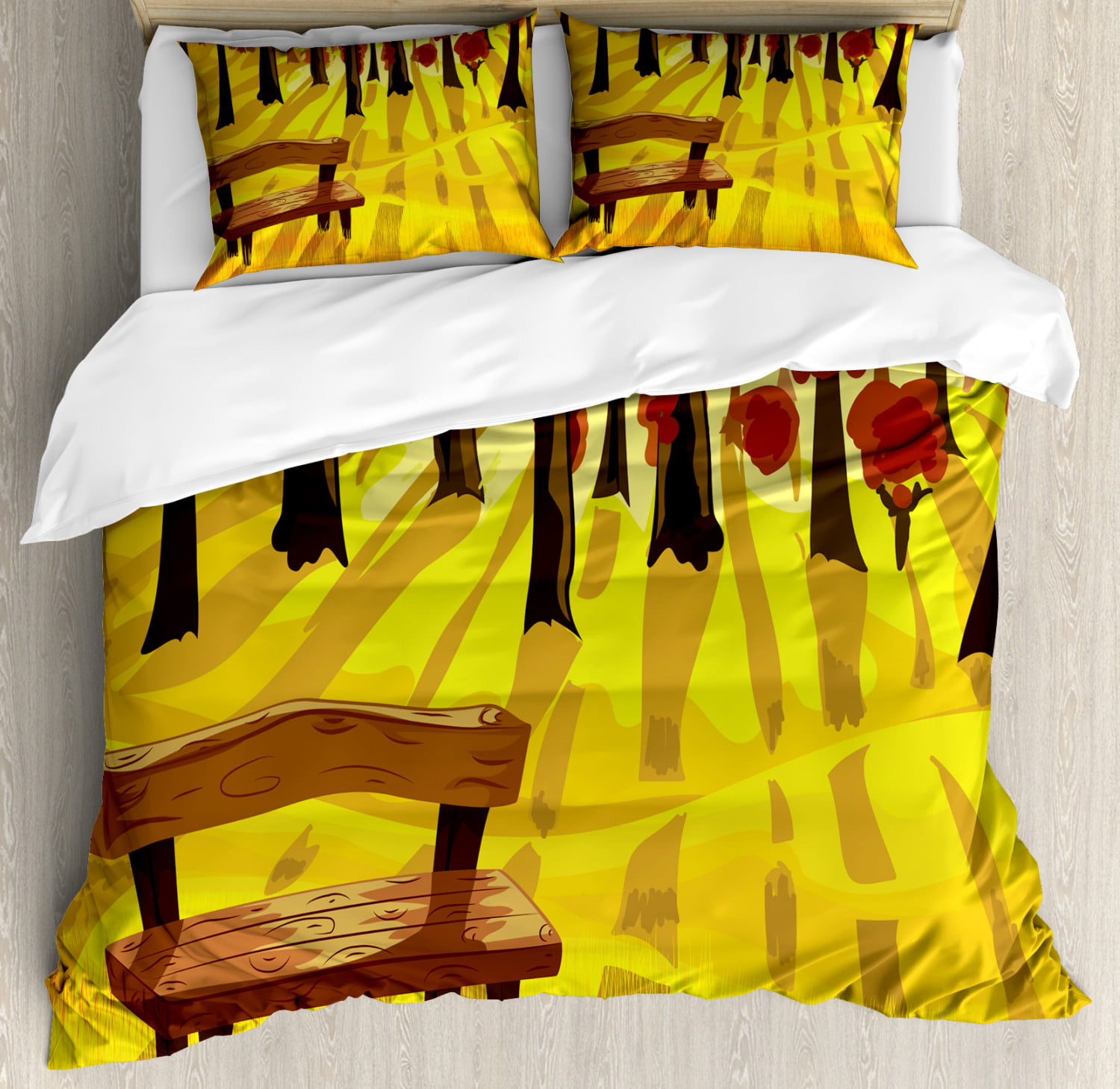 Forest Duvet Cover Set Cartoon Lonely Bench In Autumnal Park With