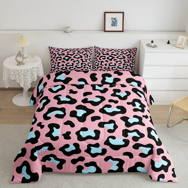 YST Pink Leopard Print Bedding Sets King Blue Cheetah Bedding Comforter