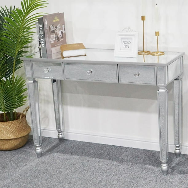 Zimtown 3 Drawer Mirrored Vanity Desk Console Table Dressing Silver Glass Modern Com Zimtown 3 Drawer Mirrored Vanity Desk, Sofa Table Desk With Drawers