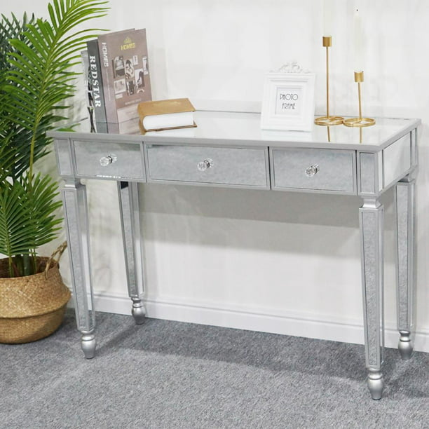 Zimtown 3 Drawer Mirrored Vanity Desk, Mirrored Console Table With Storage