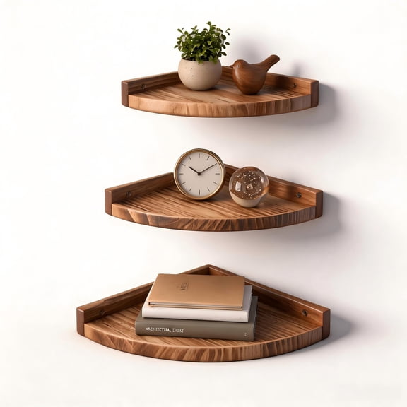 Corner Shelves, Floating Corner Shelf, Set of 3 Solid Oak Wood Corner Wall Shelves, Round End with Wire Hole Shelving for Small Plant for Bedroom Kitchen, Living Room (Size 8/9/10in)