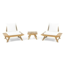 GDF Studio Bowie Outdoor Acacia Wood 3 Piece Chat Set with Cushions, Teak and White