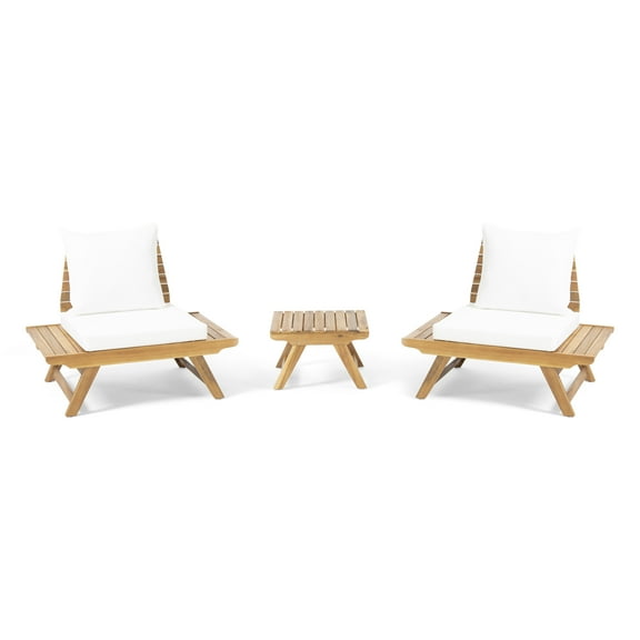 GDF Studio Bowie Outdoor Acacia Wood 3 Piece Chat Set with Cushions, Teak and White