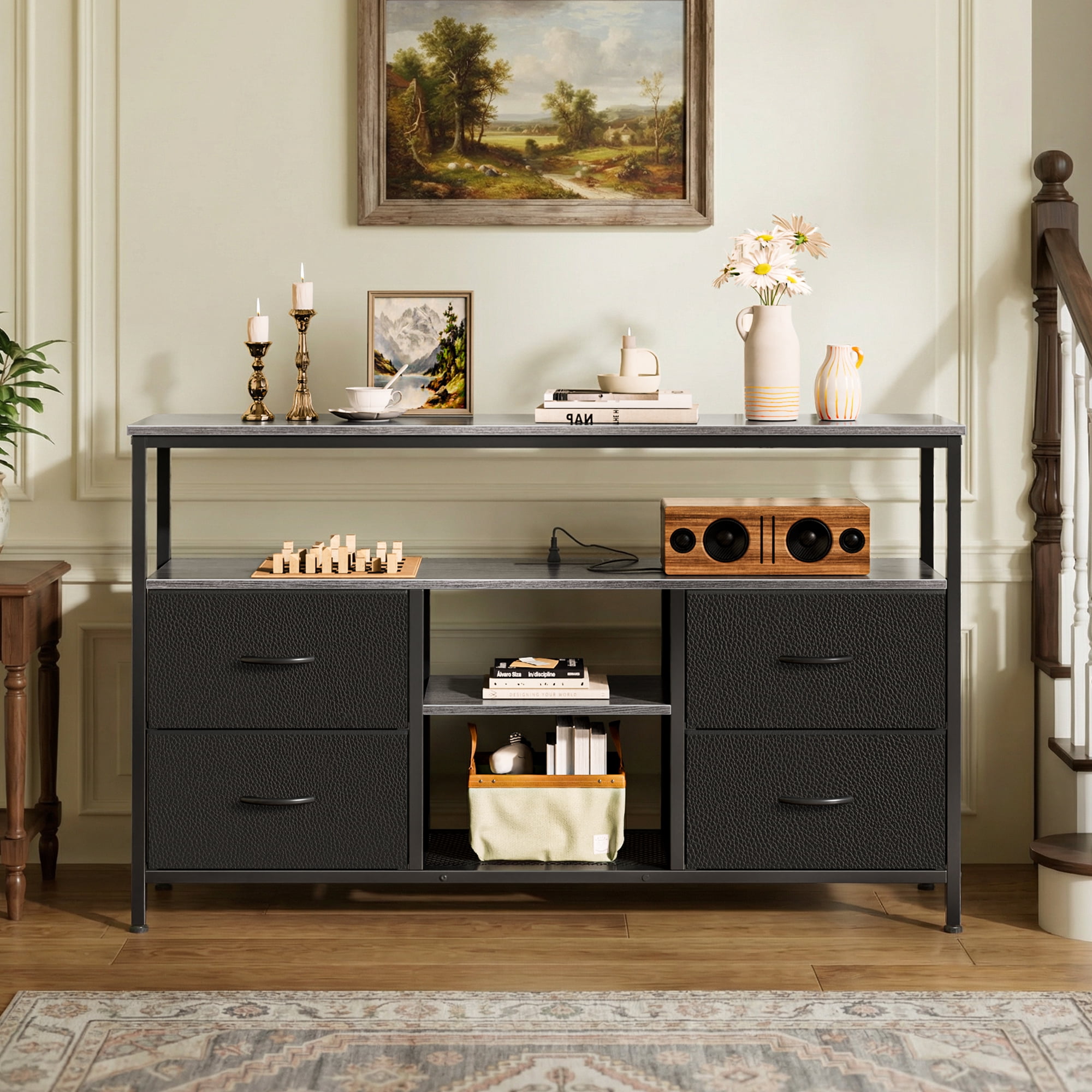 Amadwell TV Stand with Power Outlets & LED Lights, 4 Drawer Dresser Entertainment Center, Media Console with Open Shelf