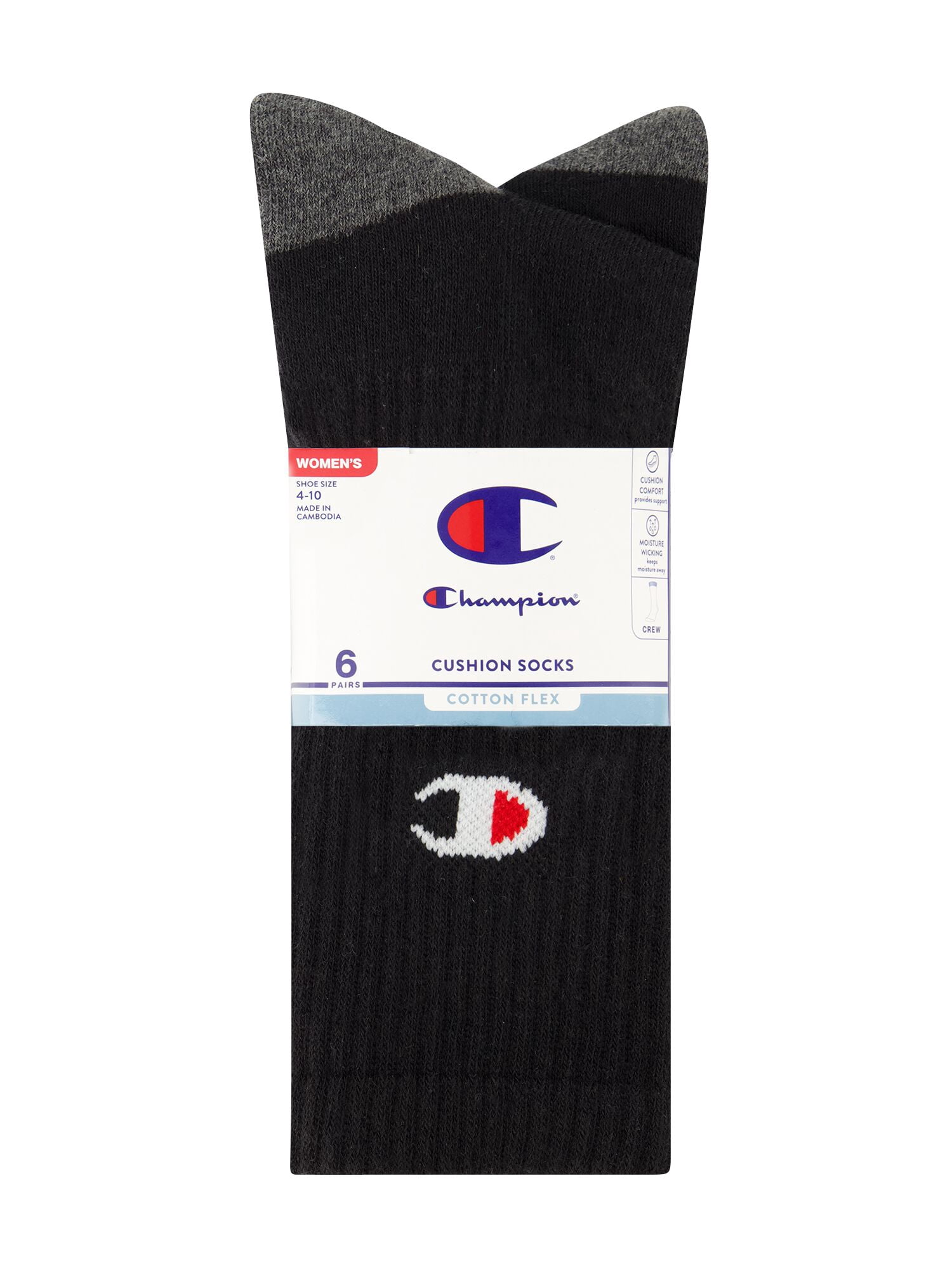 Champion Women’s Cotton Flex Cushion Crew Socks, 6 Pack, Sizes 4-10