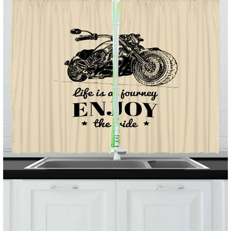 Motorcycle Curtains 2 Panels Set, Monochrome Custom Chopper Design and a Motivational Quote Hand Drawn Bike, Window Drapes for Living Room Bedroom, 55W X 39L Inches, Beige and Black, by Ambesonne