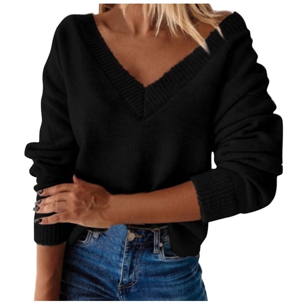 Gibobby Suéter Para Invierno Mujer Chicas de manga larga V Cuello Sudor Cotton suelto de punto Pullover(Negro,G)