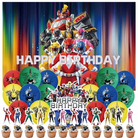 30 Pcs For Power Rangers Theme Birthday Party Supplies Party Favor Set,With 5*3ft Birthday Backdrop Decorations,13 Cupcake Toppers,16 Balloons,All-in-One Party Supply Set