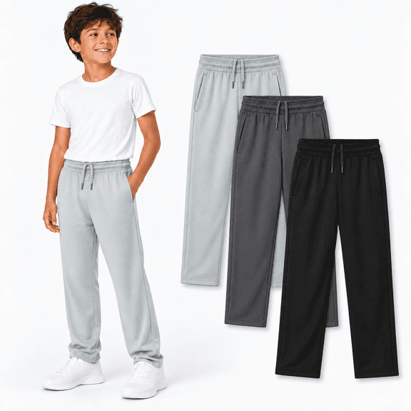 DARESAY Boys Mesh Athletic Pants 3-Pack, Lightweight Quick-Dry Active Pants with Pockets & Adjustable Drawstring, Sizes 4-16