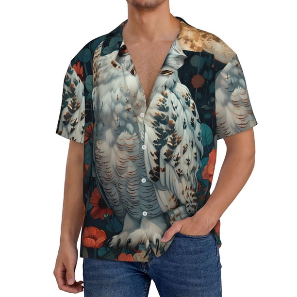 Fotbe Moon Flower White Owl Camisa Estampada de Manga Corta para Hombre, Casual de Verano, Estilo Playero, Sin Arrugas-XX-Large