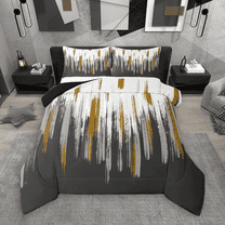 Manfei Abstract Oil Painting Queen Comforter Set 3 Pieces, Gray Gold Ombre Bedding Sets, Watercolor Brush Strokes Bedding Comforter Set, Luxury Bedroom Decor