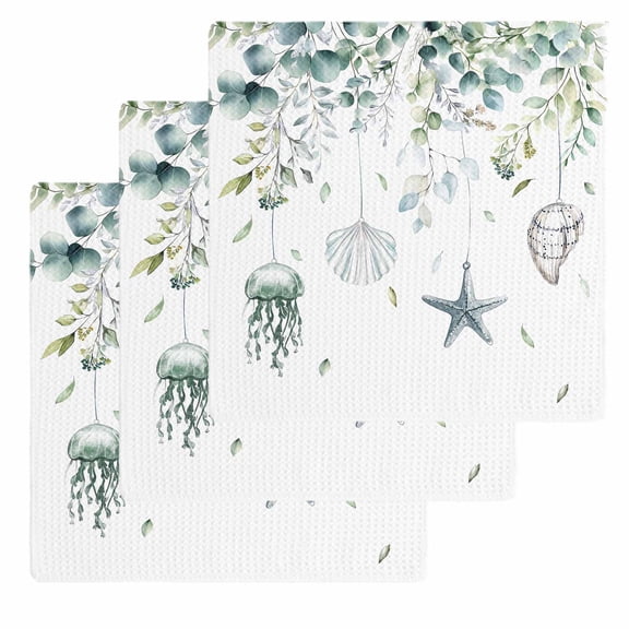 Green Coastal Kitchen Dish Towels for Drying Dishes Set of 3, Summer Eucalyptus Leaves Beach Ocean Starfish Conch Waffle Weave Microfiber Hand Tea Bathroom Towels Quick Dry & Absorbent Towel 12x12
