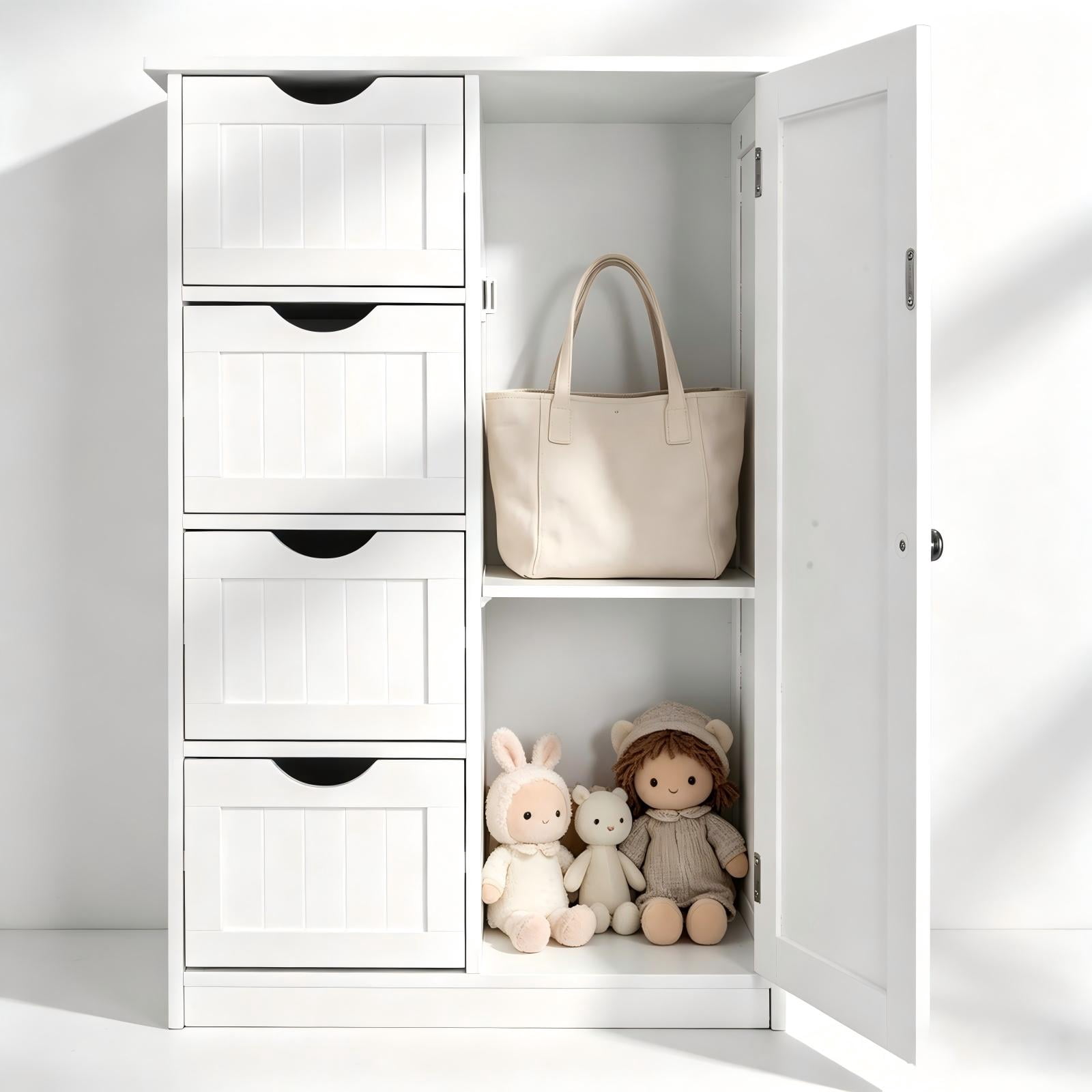Bathroom Storage Cabinet with 4 Drawers and Single Door, MDF Freestanding Floor Cabinet, Space-Saving Organizer for Bathroom or Any Room