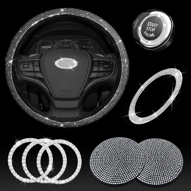 czcpp-Steering Wheel Cover for Women Bling Crystal Diamond Sparkling Car Accessories Fit for KIA Cover Rhinestone Decals Steering Wheel Cover Universal Fit 15 Inch (White, for KIA 7 pcs)