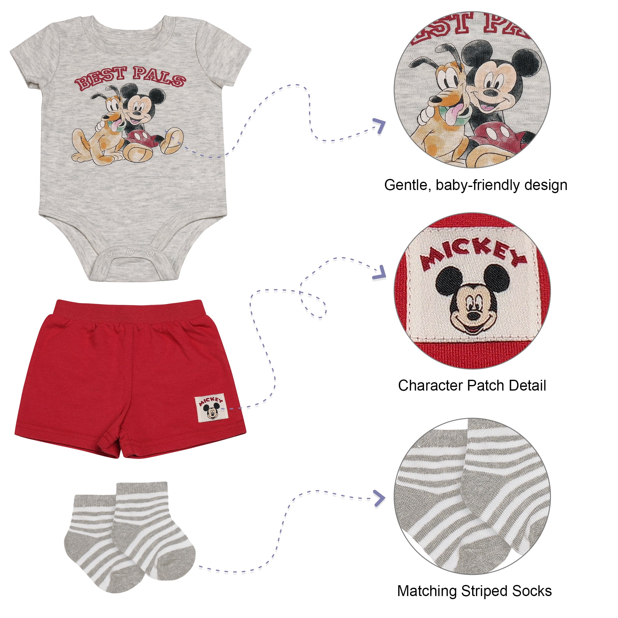 Disney Clothes Baby Boys 3-Piece Outfit Set – Mickey Mouse Bodysuit, Shorts & Socks – Soft Cotton Newborn Infant Gift White/Red 6/9M