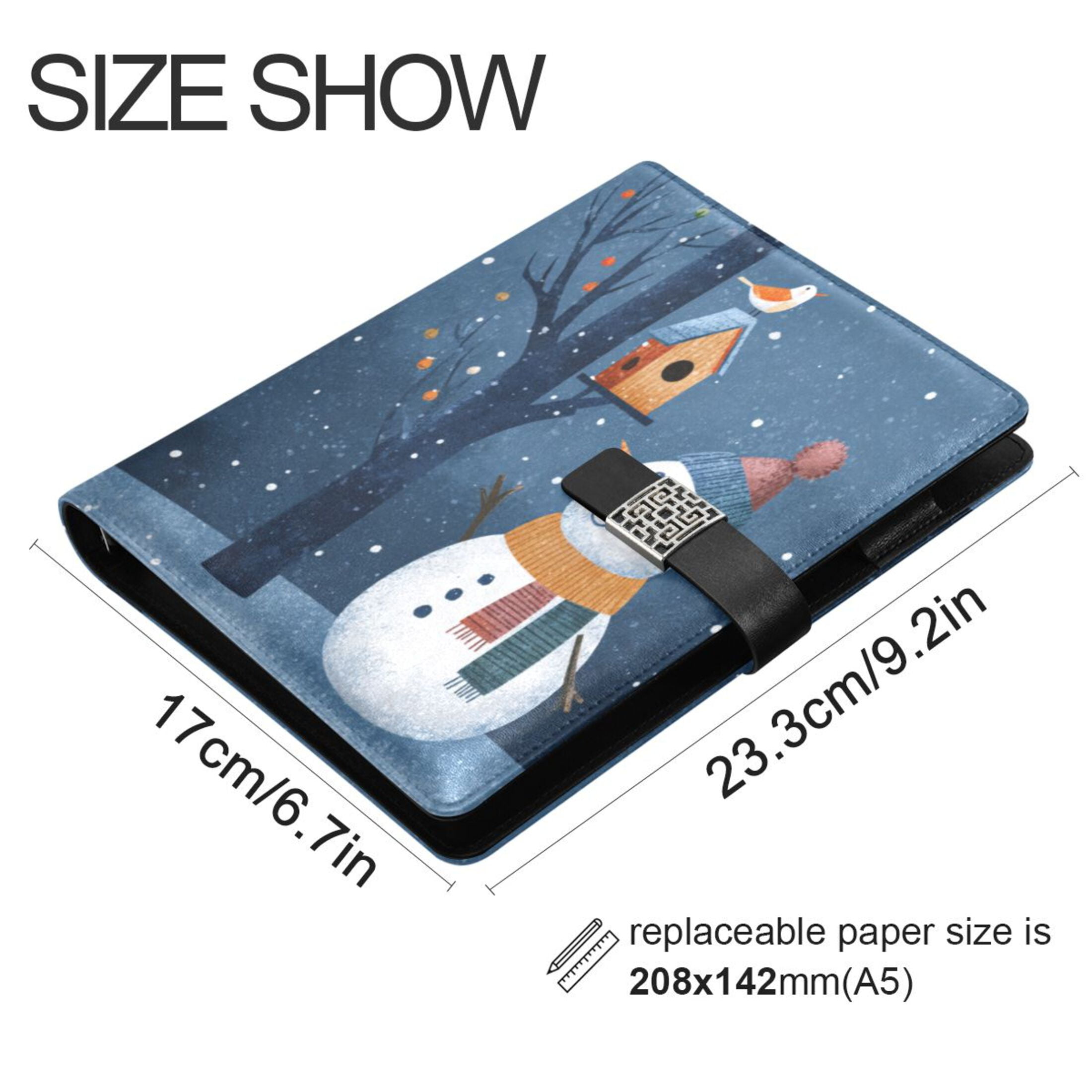 Leather Planner Leather Notebook Notebook Journal Binder Design Pen Pocket Design Convenient for Storage Christmas Snowmen and Bird