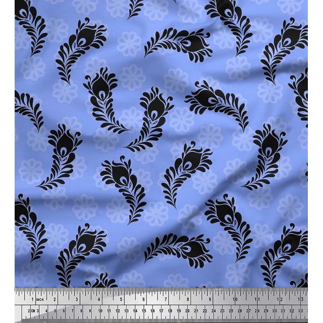 Soimoi Poly Georgette Fabric Floral & Peacock Feather Printed Fabric 1 Yard 52 Inch Wide
