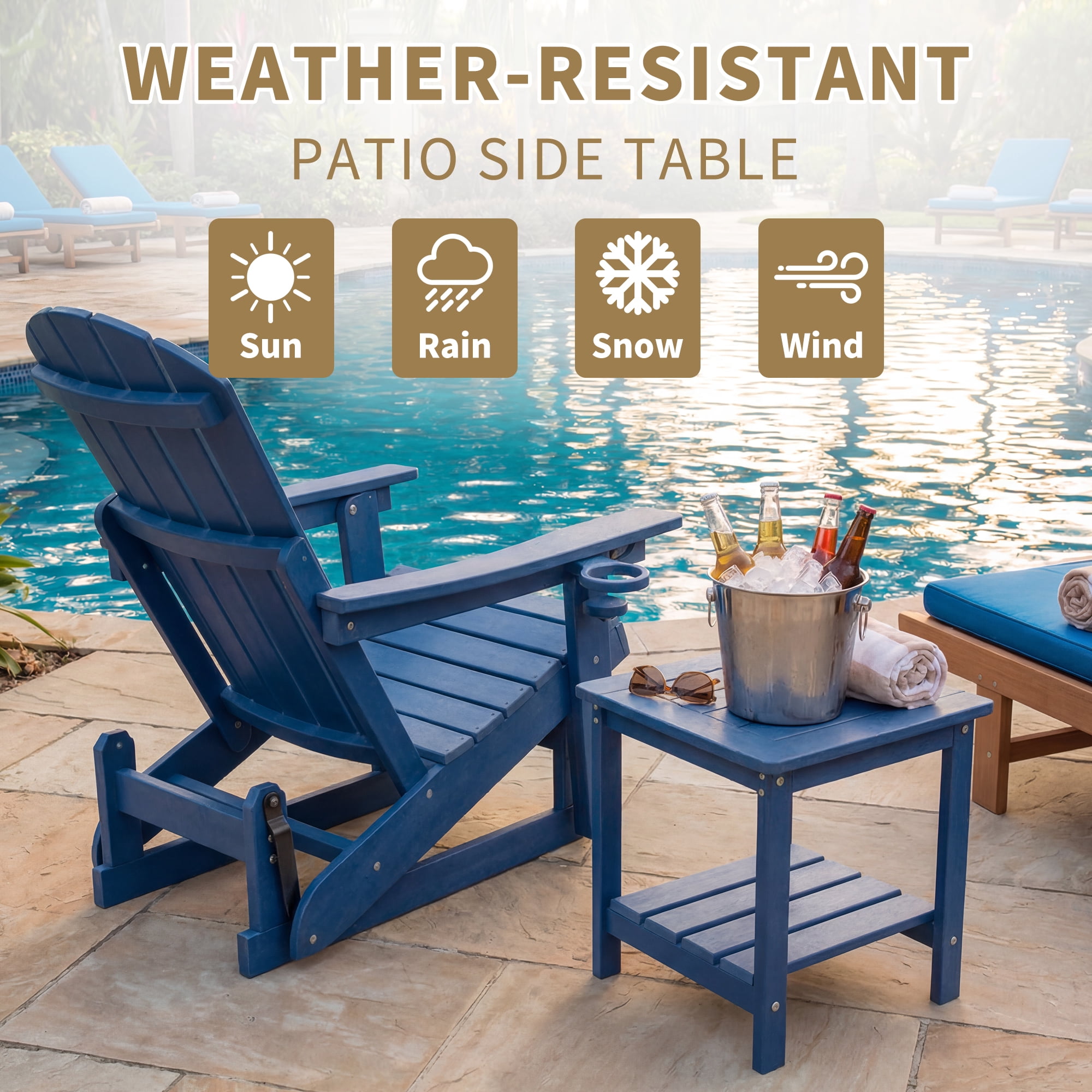 DEAUL 2 Tier Adirondack HDPE Outdoor Side Table, Square All Weather Patio End Table for Deck Garden Pool, Easy Assembly, (2 Pcs, Blue)