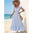 thumbnail image 6 of Blue And White Striped V-Neck Cinched Waist Maxi Shirt Dress With Ruffle Sleeves For Summer Casual Wear, 6 of 7