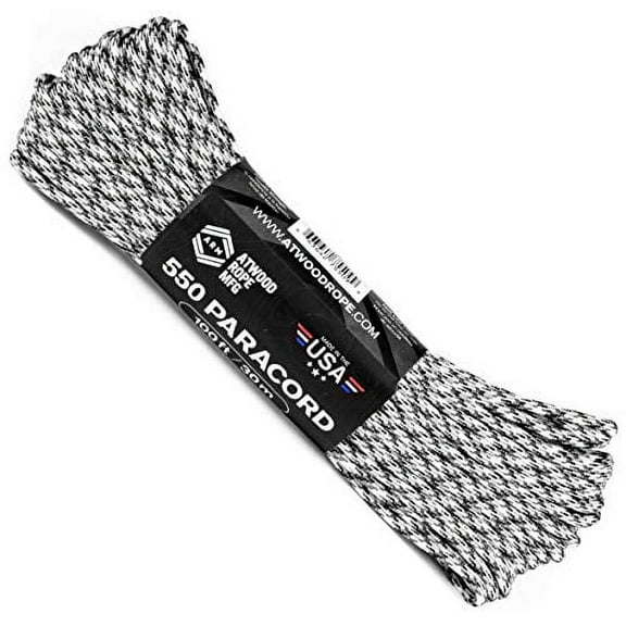 Atwood Rope MFG 550 Paracord 100 Feet 7-Strand Core Nylon Parachute Cord Outside Survival Gear Made in USA | Lanyards, Bracelets, Handle Wraps, Keychain (Snow Camo)