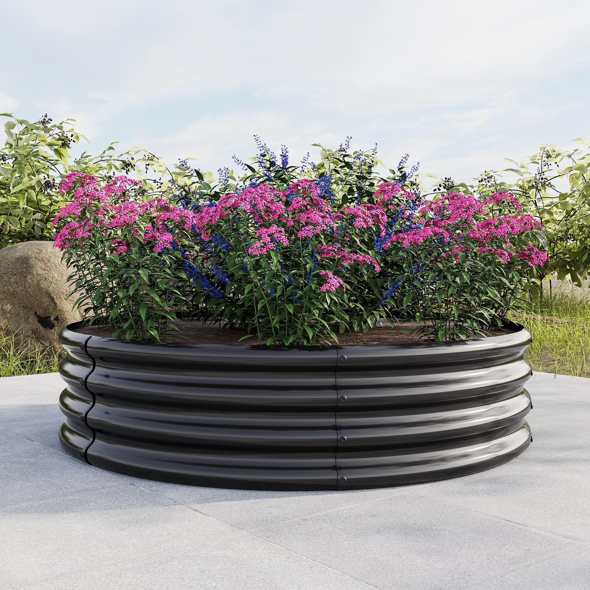 Galvanized Metal Planter Box, 2PCS 47.24"x11.4" Tall Round Outdoor Raised Garden Bed, Black Backyard Patio Planter Raised Beds for Flower, Herbs, Fruits