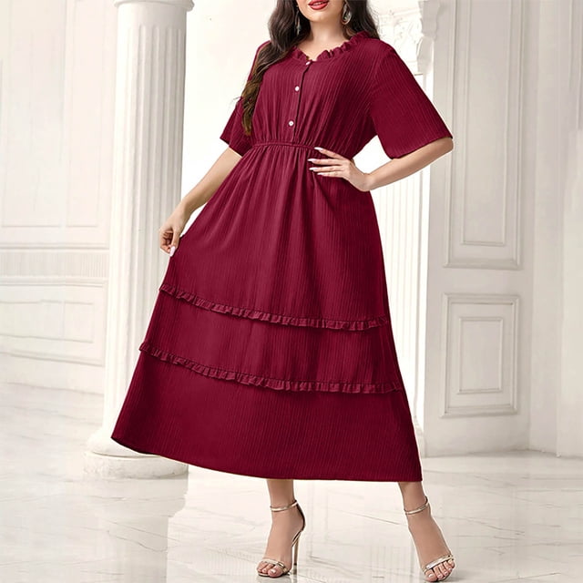 Ovzne Robes pour Femmes Robe de Plage Mode Grande Taille Couleur Unie Col Rond Manches Courtes Boucle Taille Robe en Dentelle Robe de Vacances Manches Courtes Liquidation