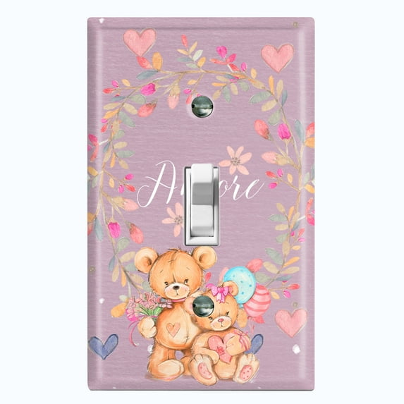 Metal Light Switch Wall Plate Outlet Cover (2 Teddy Bears With Love Heart Flower Balloon Flower Wreath Purple - Single Toggle)