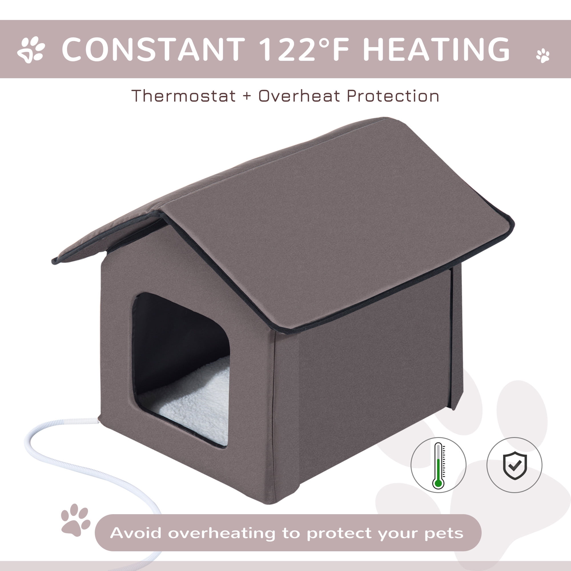Pawhut Outdoor Heated Cat House, Brown , 21-in