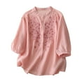 thumbnail image 3 of Pxxlle 3/4 Sleeve Shirts for Women Elegant Floral Embroidery Shirt Loose Fit Button Down Lapel Tops Pink XL, 3 of 10
