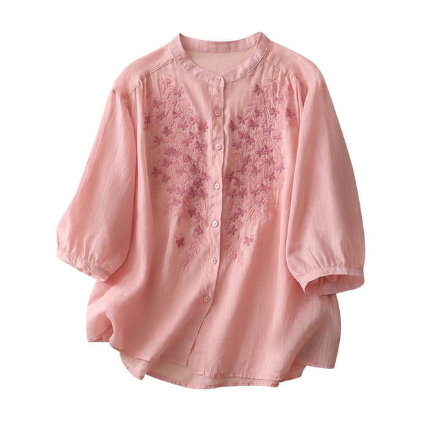 Vestidos Casuales Para Mujer, Blusas De Mujer De Moda Blusa de mujer con cuello alto, botones y mangas 3/4 bordadas en imitación de lino y lino