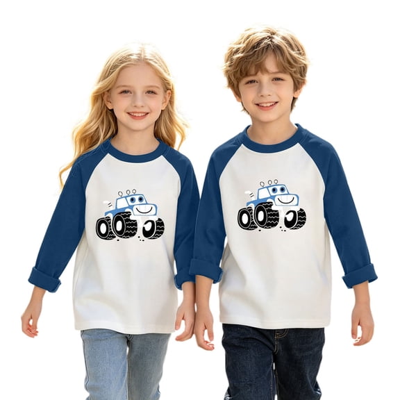 Ruyang Toddler Girls Boys Long Sleeve Shirts Cartoon Car Printed Kids Raglan Tees Crewneck Pullover Spring Fall Casual Outfits