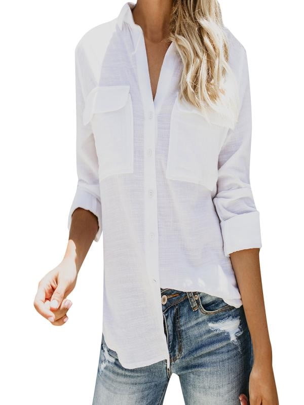 Mosunx - Mosunx Women Cotton linen Casual Solid Long Sleeve Shirt ...