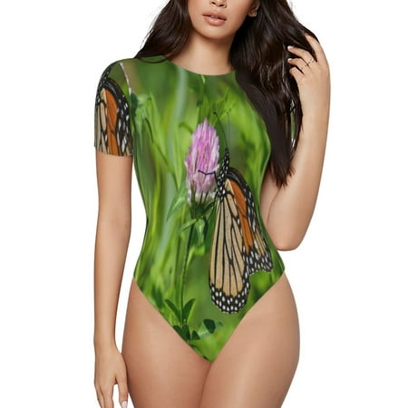 Balery Butterflies and Floral Women s Short Sleevee Crew Neck Bodysuit Tops Short Sleeve Tops Basic-X-Large