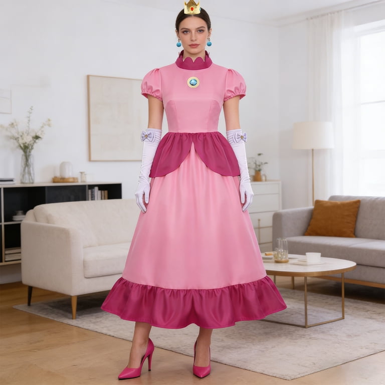 Zydvens Women's Princess Cosplay Dress - Adult Pink Puff Sleeve Scalloped Collar Ball Gown
