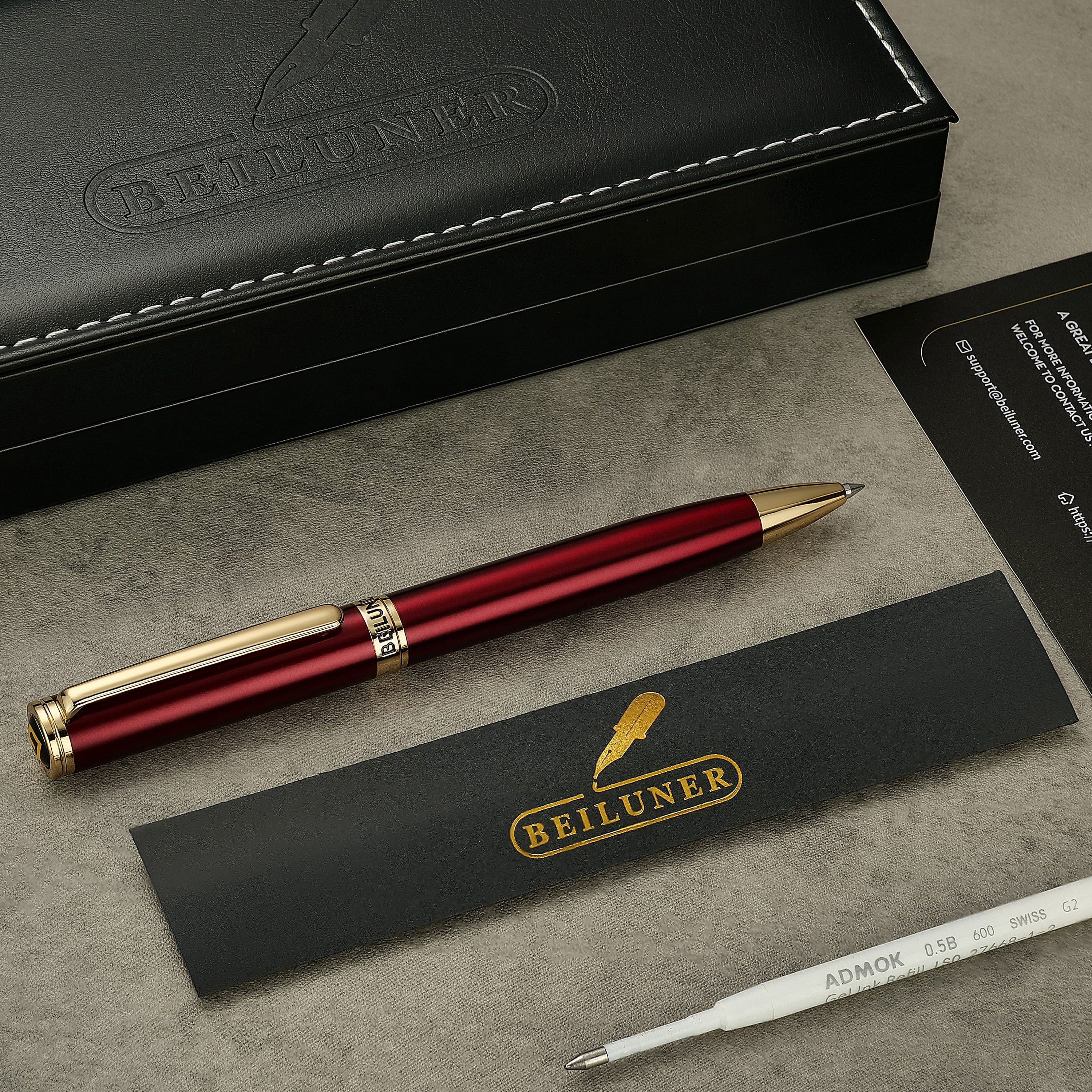 BEILUNER Luxury Gel Pens, Wine Red Pen Barrel with 24K Gold Trim, Classic Leather Box-Best Pen Gift Set for Men & Women Professional, Executive, Office, Retractable, Nice Fancy Designer Pens