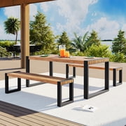 3-Piece Outdoor Dining Table Set, Acacia Wood Patio Dining Set with 2 Benches, Natural