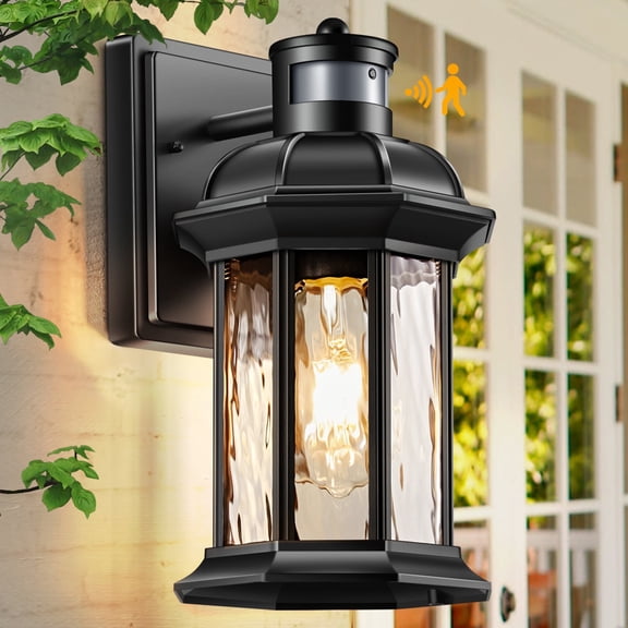 VIANIS Dusk to Dawn Motion Sensor Outdoor Porch Lights, Modern Black Exterior Light Fixtures Wall Mount, Anti-Rust Aluminum outdoor light coach With Tempered Ripple Glass For Garage